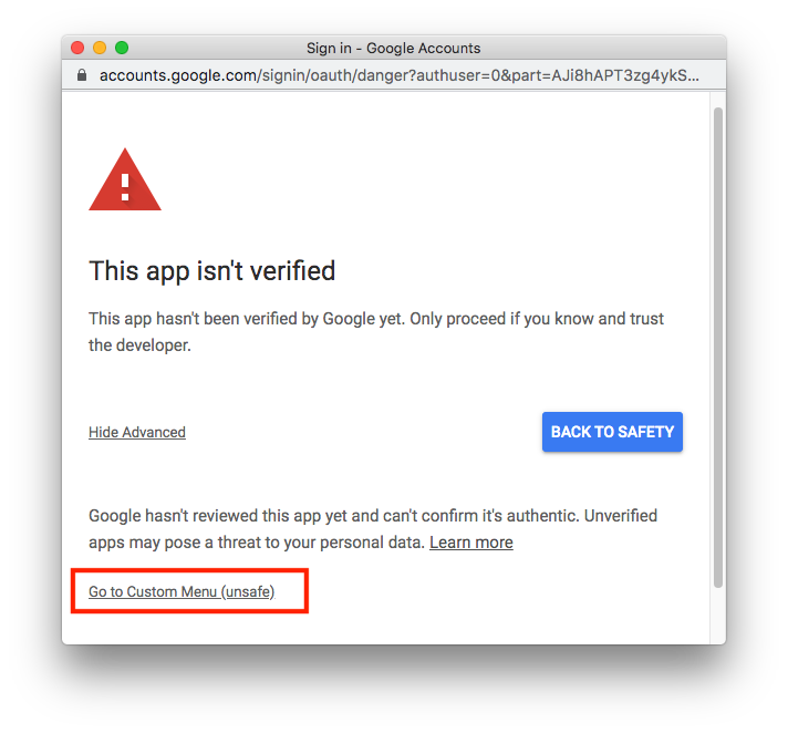 an image of the app ins't verified screen in Google OAuth flow