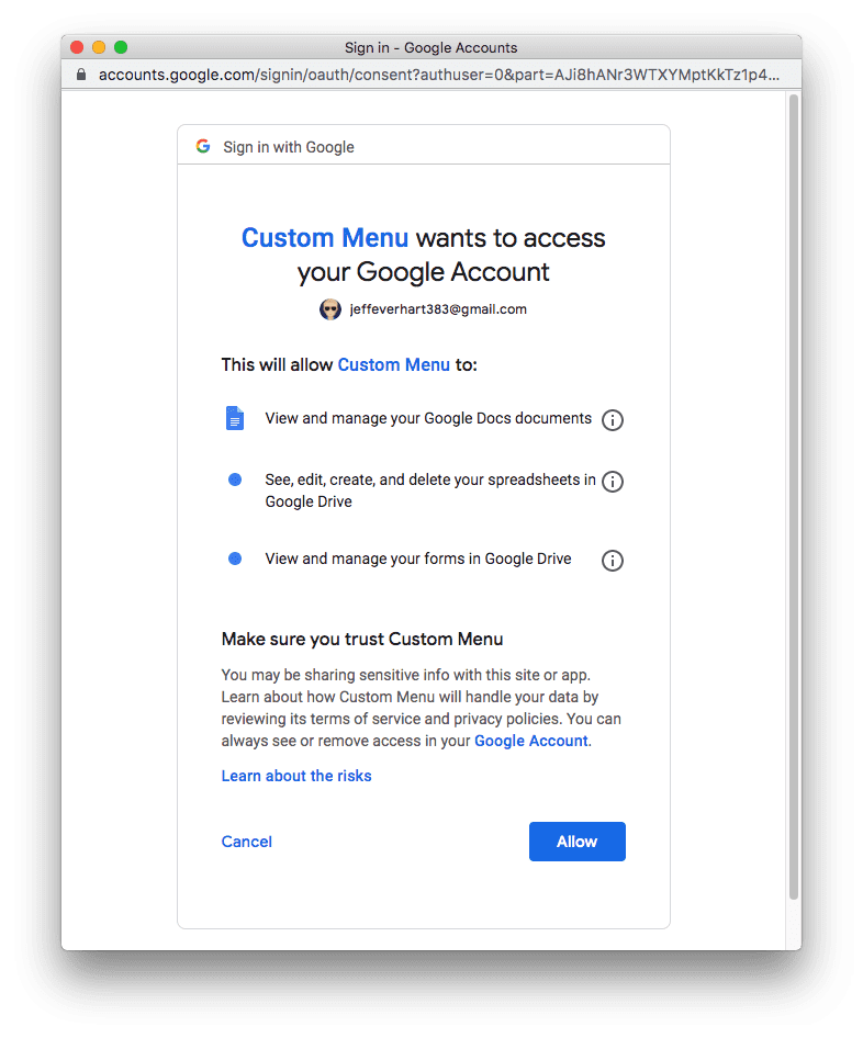an image of the approval screen for a Google OAuth flow