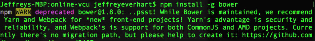 screenshot of terminal window and bower error 