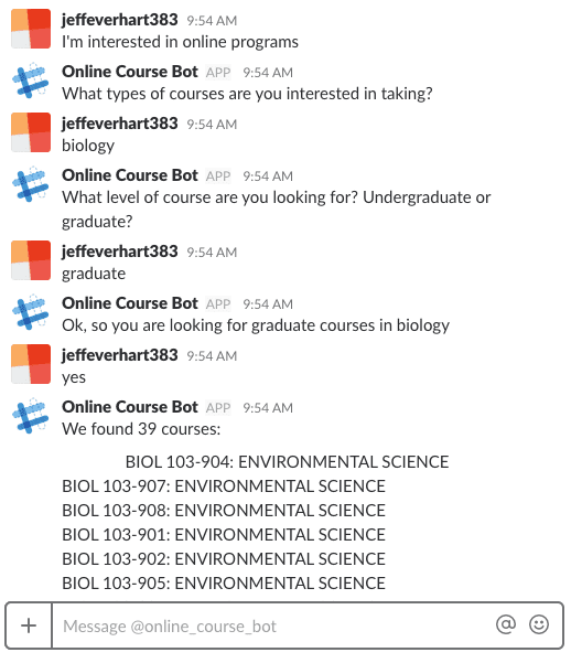 example conversation between myself and online course bot