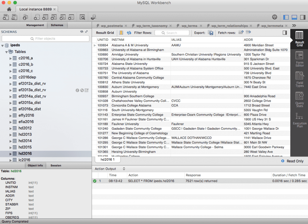 a screenshot of MySQL Workbench tables and results