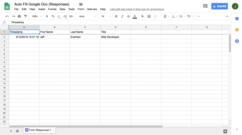 google sheet where form responses are stored