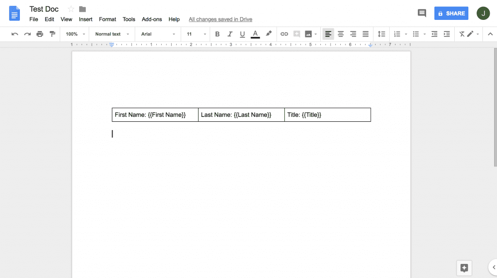 initial google doc template with template tags