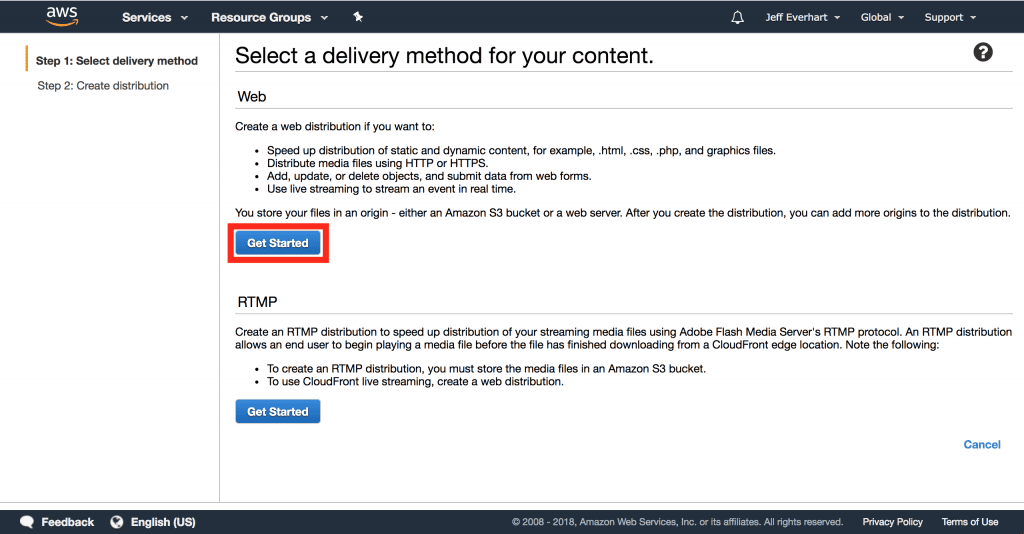 AWS console screen allowing us to choose between  web and rtmp distributions