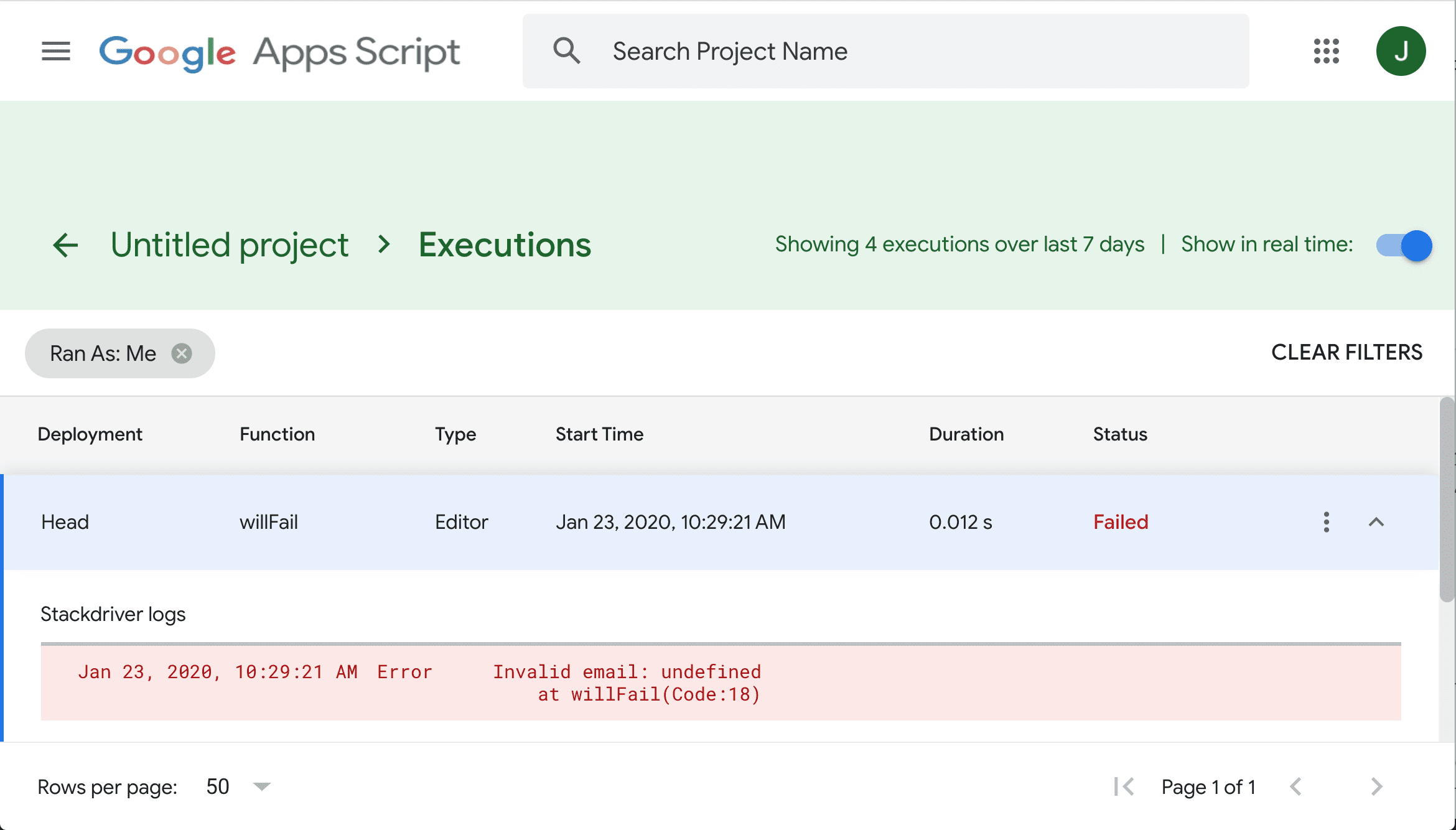 A screenshot of the Stackdriver dashboard with an error message expanded
