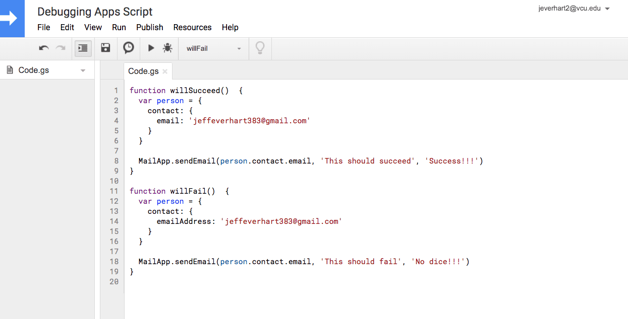 An image of the Google Apps Script code editor describing two functions, one which will succeed and the other which will fail