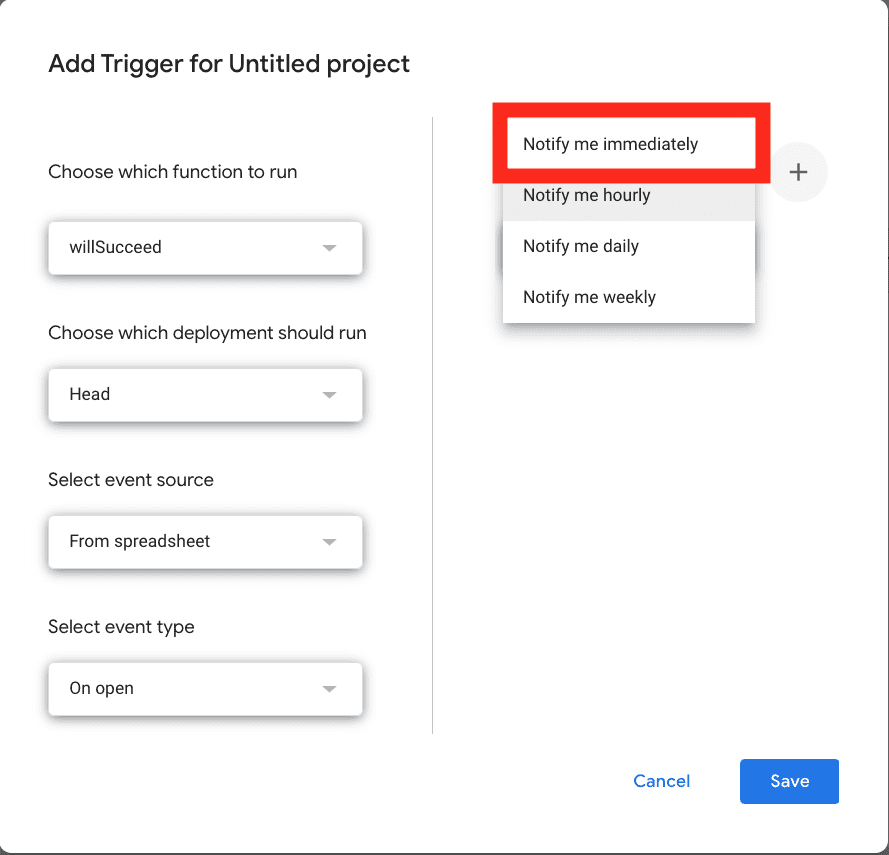 A screenshot of the trigger modal for Google Apps Script that shows the error notifications menu open
