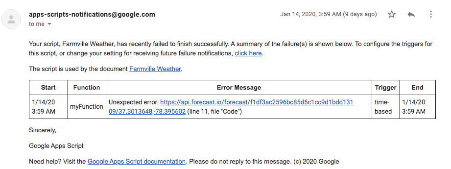 An image of an email from Google Apps Script indicating a script failure
