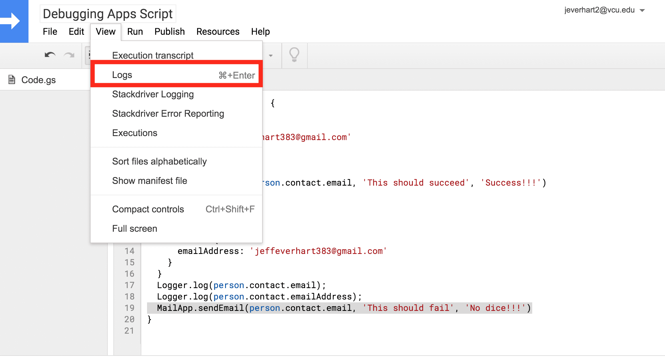 A screenshot of the view menu in the Google Apps Script code editor with the Logs option highlighted