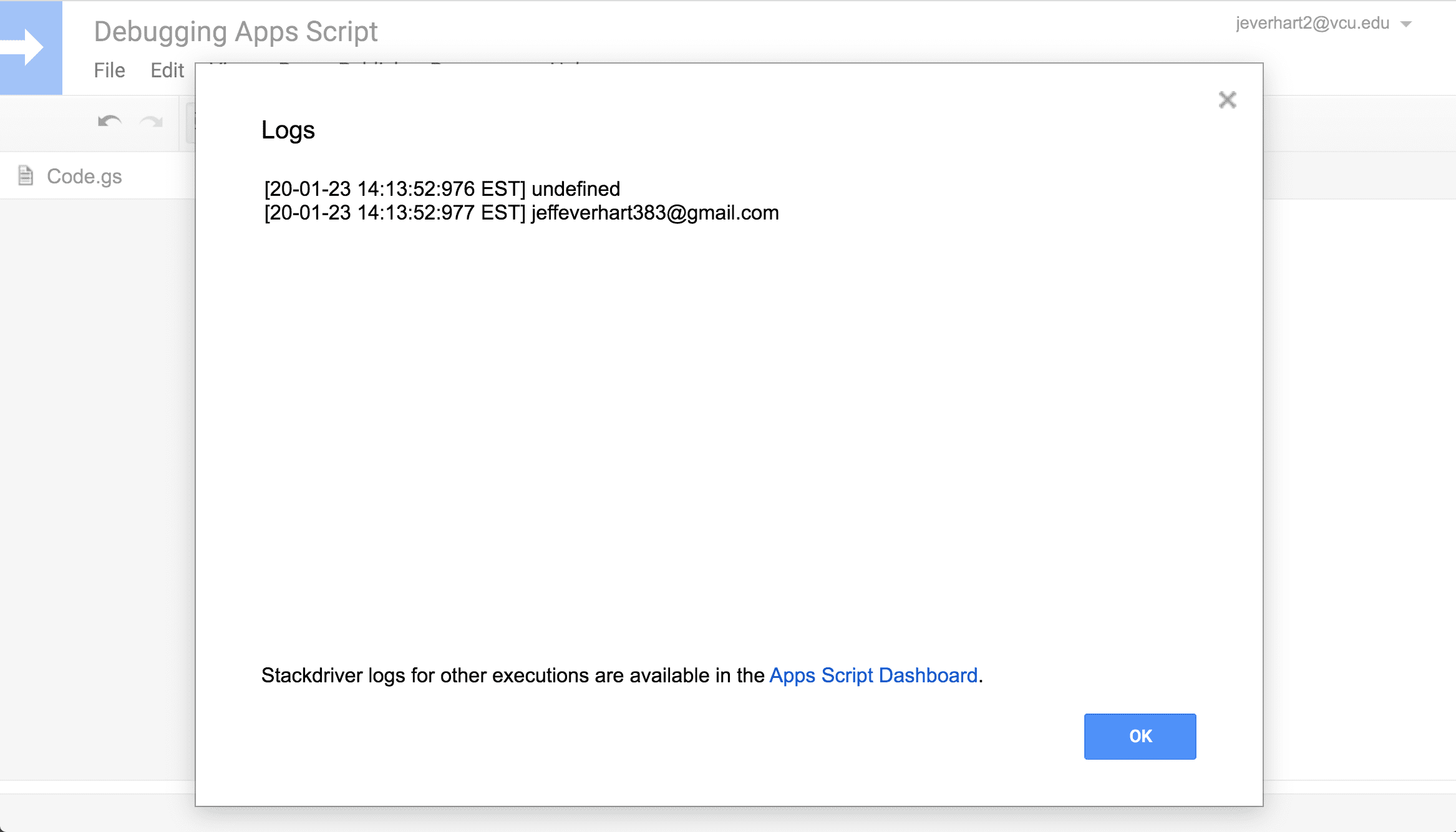 A screenshot showing the logging output modal in Google Apps Script code editor