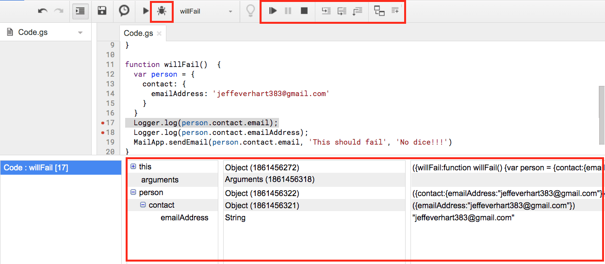 A screenshot of the Google Apps Script code editor that highlights the debugging option, the debug menu, and all of the information regarding the current context of the program