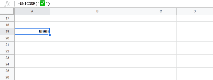 A screenshot of the google sheets formula bar using the unicode function