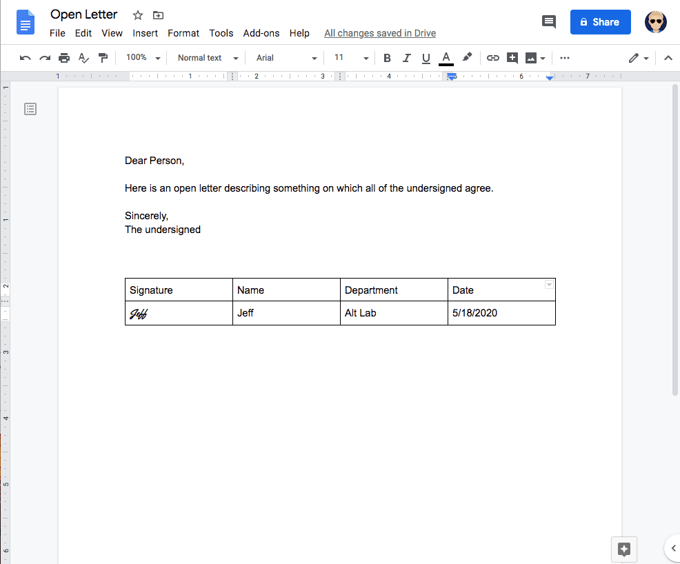 an image of a google doc with a signature line appended to an open letter