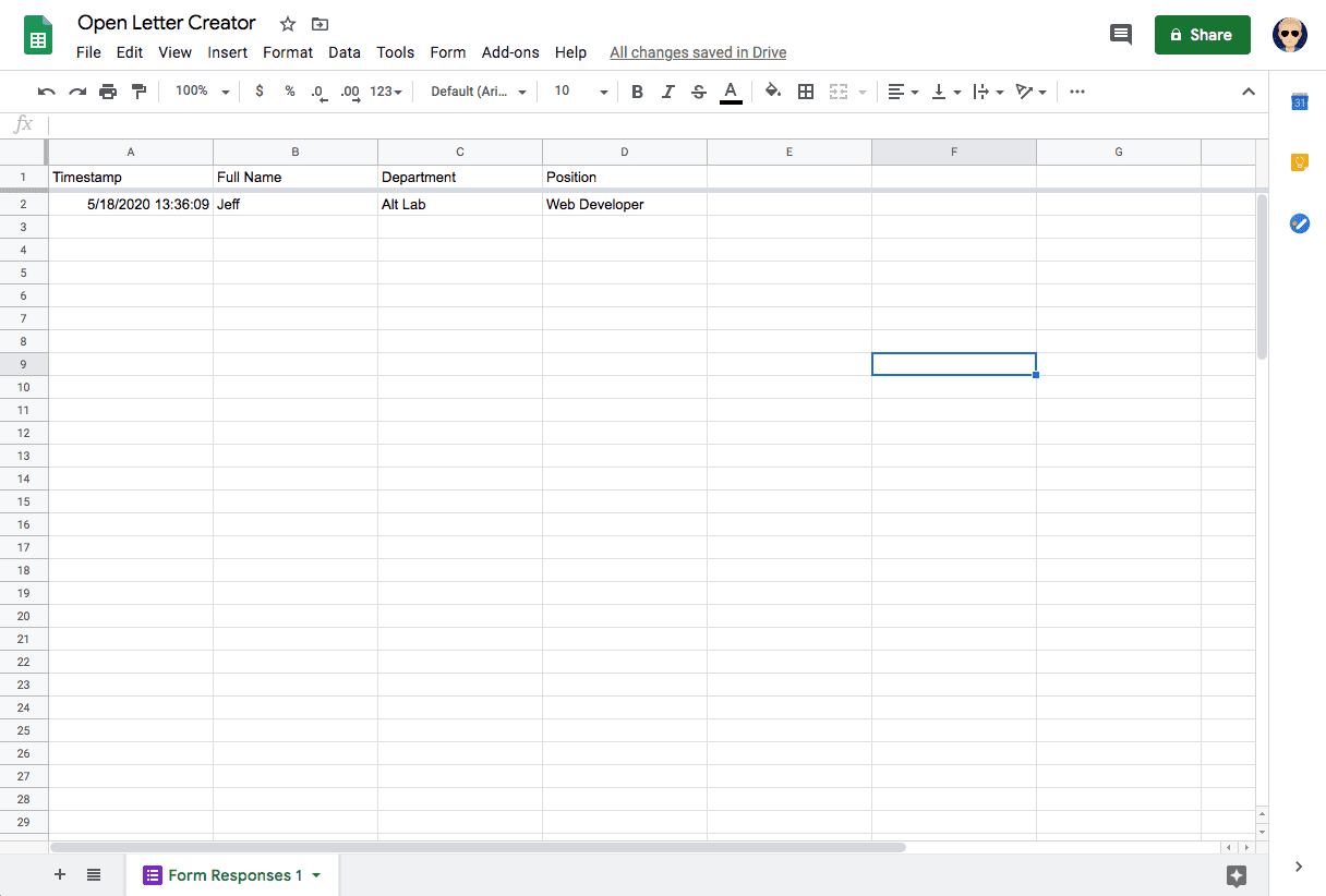 An image of a google spreadsheet used for an open letter generator