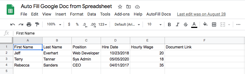 a screenshot of employee data in a google spreadsheet