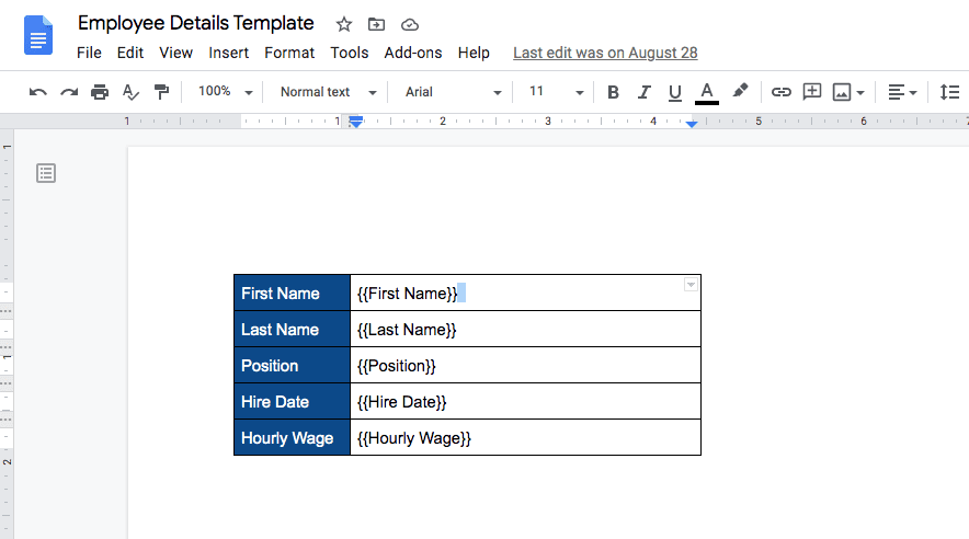 An employee details grid in Google Docs